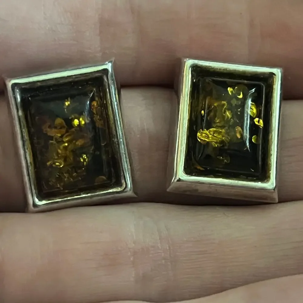 Vintage Estate Gorgeous 925 Sterling Silver Amber Stone Rectangle Clip Earrings